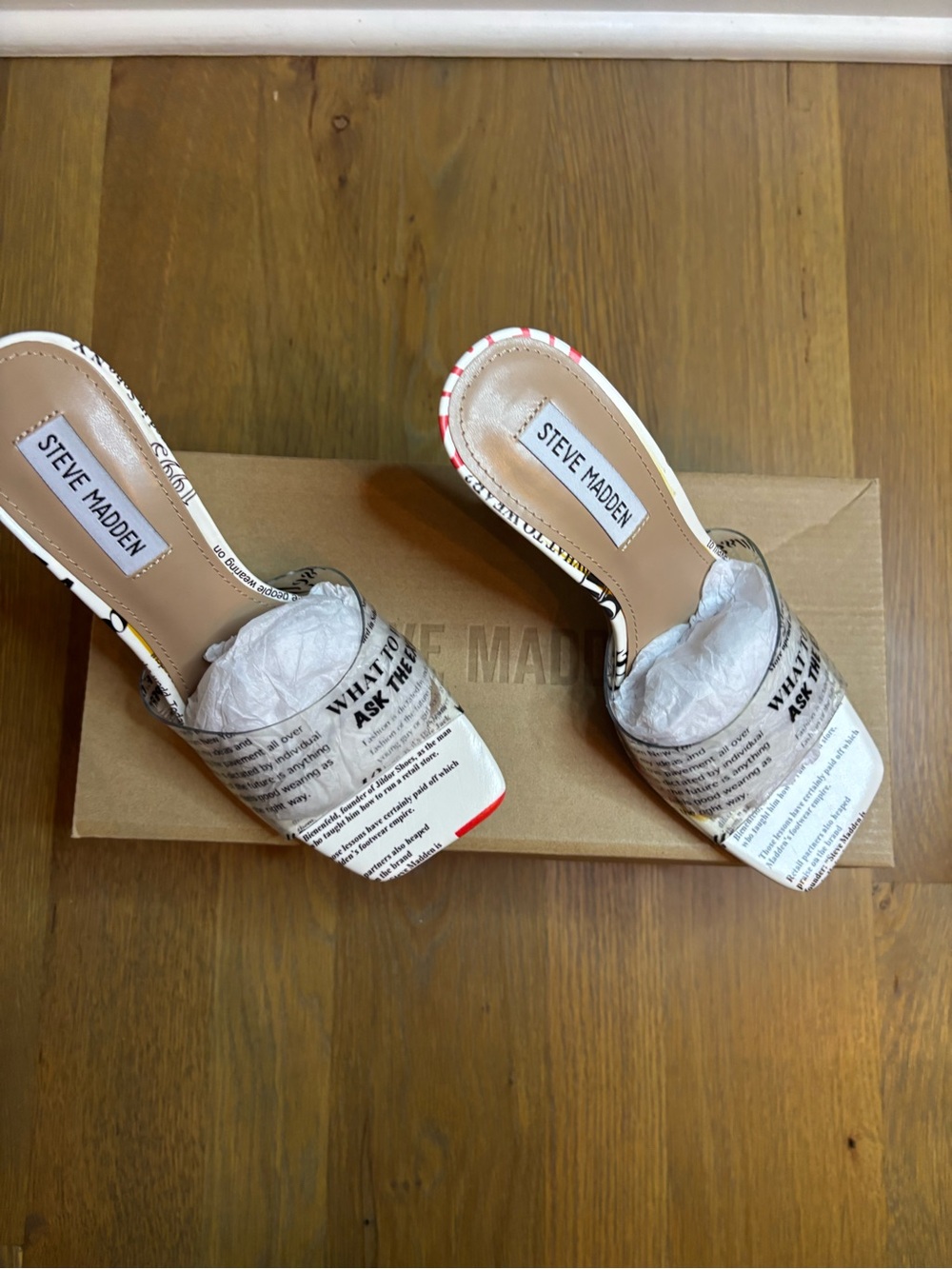 Steve Madden White Newspaper Print Slide Heels with Red Accent